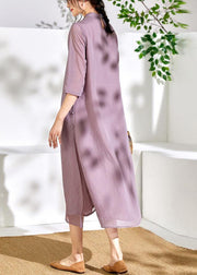 French light purple linen Wardrobes stand collar embroidery Maxi  Dresses - bagstylebliss