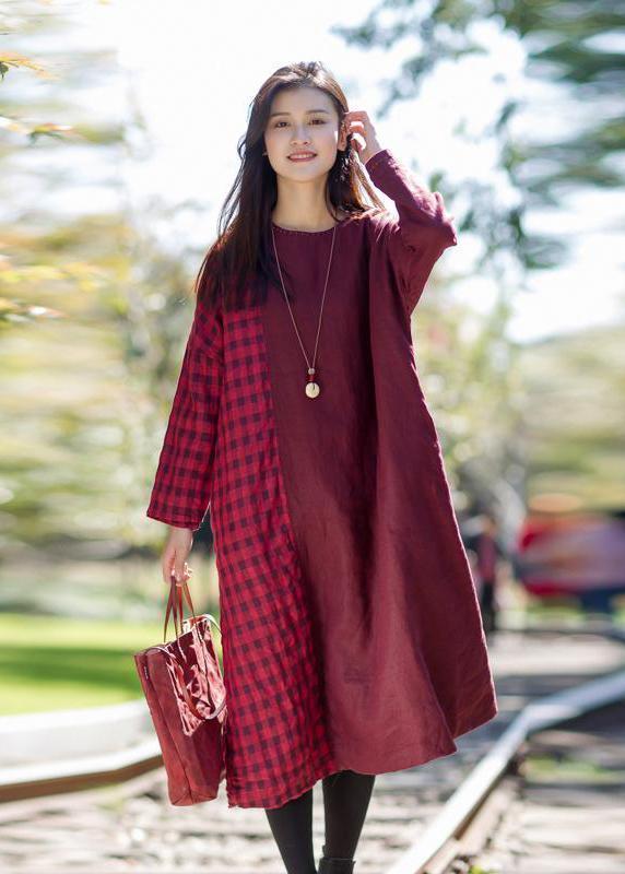 French linen Robes Metropolitan Museum Vintage Plaid Spliced Long Sleeve Midi Dress