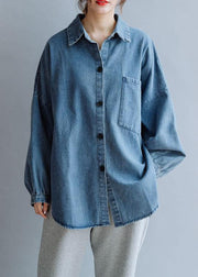 French low high design cotton shirts women pattern denim blue blouse fall - bagstylebliss
