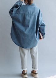 French low high design cotton shirts women pattern denim blue blouse fall - bagstylebliss