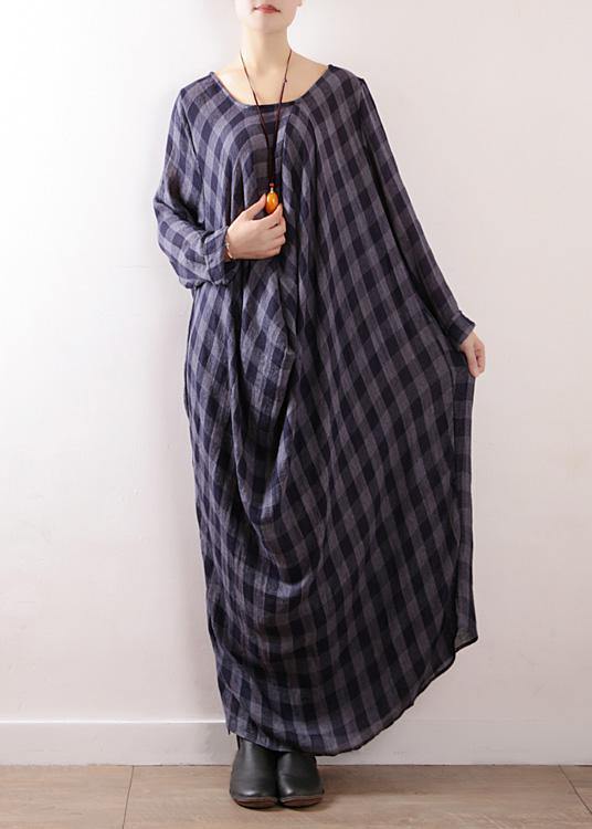 French navy plaid cotton clothes Women asymmetric Art autumn Dresses - bagstylebliss