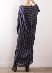 French navy plaid cotton clothes Women asymmetric Art autumn Dresses - bagstylebliss