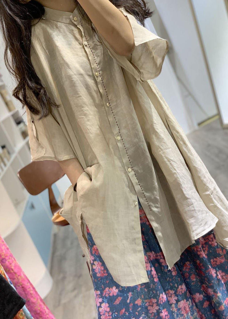 French nude stand collar linen clothes For Women low high design shirt Dress - bagstylebliss
