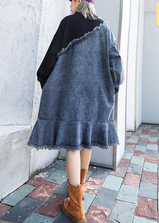 French o neck Ruffles Cotton tunic dress denim blue patchwork black Dress - bagstylebliss