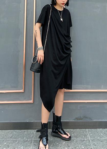 French o neck asymmetric Cotton 0Wardrobes black Dresses - bagstylebliss