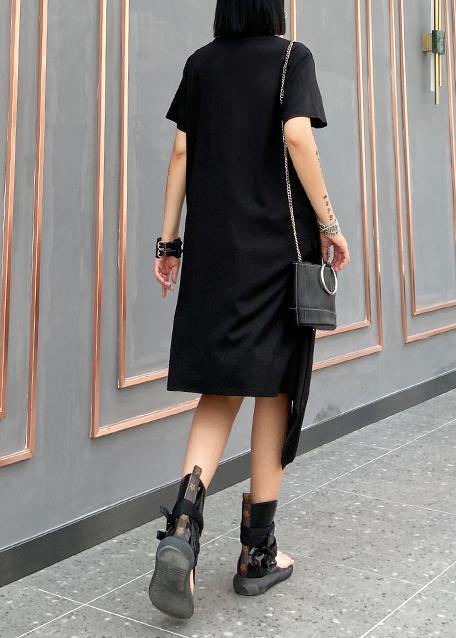 French o neck asymmetric Cotton 0Wardrobes black Dresses - bagstylebliss