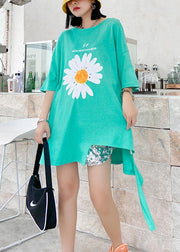 French o neck asymmetric cotton blouses for women green daisy blouses - bagstylebliss