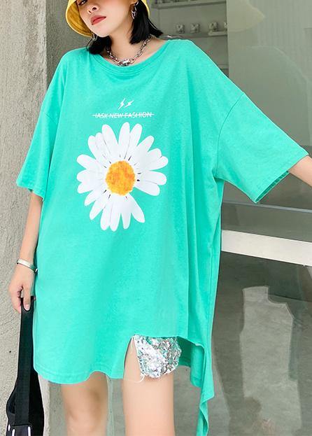 French o neck asymmetric cotton blouses for women green daisy blouses - bagstylebliss