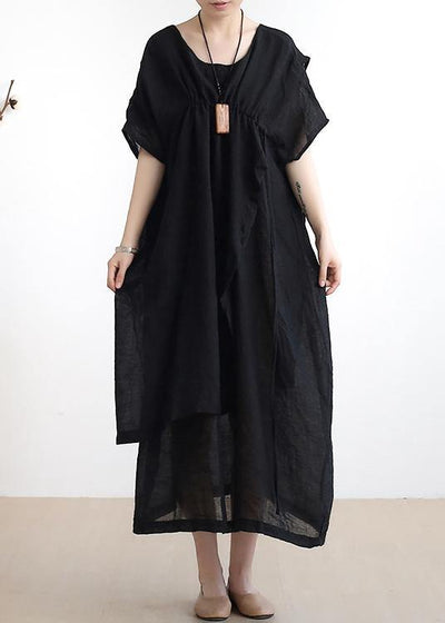 French o neck asymmetric cotton summer dress Sewing black Dresses - bagstylebliss