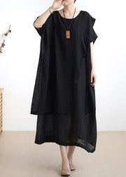 French o neck asymmetric cotton summer dress Sewing black Dresses - bagstylebliss