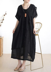 French o neck asymmetric cotton summer dress Sewing black Dresses - bagstylebliss