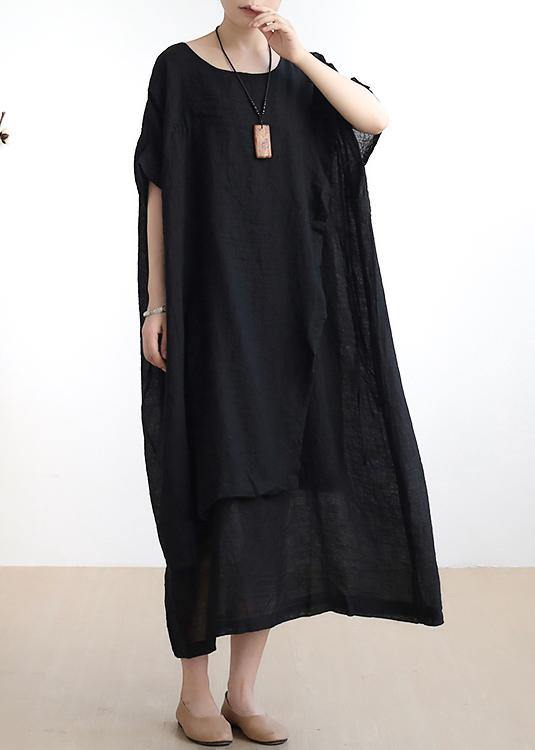 French o neck asymmetric cotton summer dress Sewing black Dresses - bagstylebliss