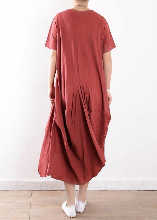 French o neck asymmetric linen clothes Casual Photography red loose Dress Summer - bagstylebliss