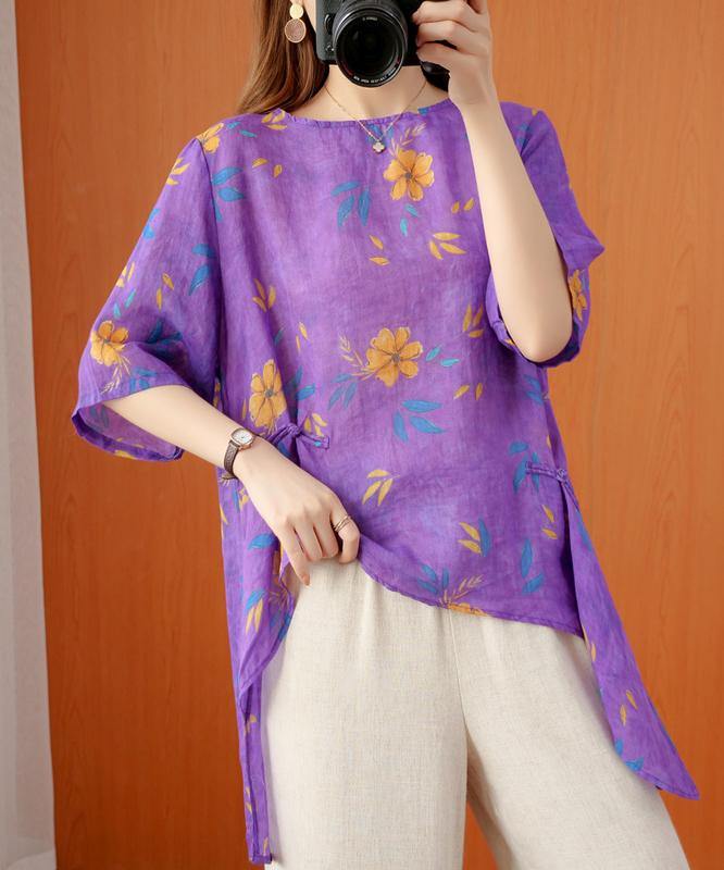 French o neck asymmetric summer top Shirts purple print top - bagstylebliss