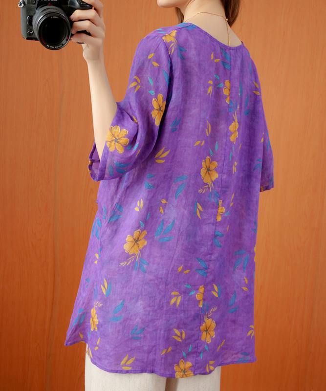 French o neck asymmetric summer top Shirts purple print top - bagstylebliss