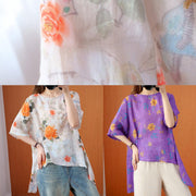 French o neck asymmetric summer top Shirts purple print top - bagstylebliss