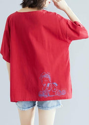 French o neck baggy cotton linen tunics for women red print blouse - bagstylebliss