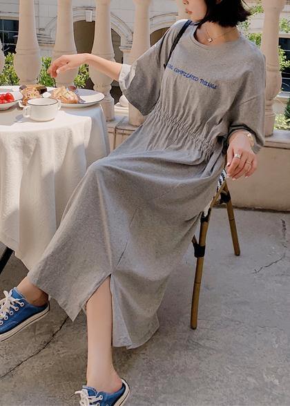 French o neck cotton outfit Fabrics gray drawstring loose Dress summer - bagstylebliss