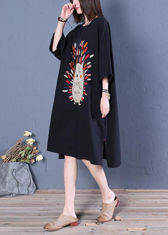 French o neck half sleeve Cotton dresses pattern black print Dress - bagstylebliss