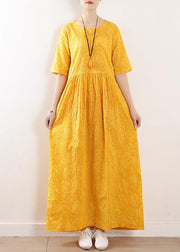 French o neck half sleeve cotton linen summer Robes yellow Dress - bagstylebliss