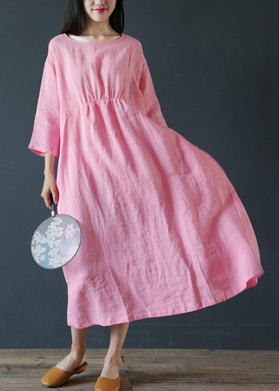 French o neck half sleeve linen outfit design pink Dress - bagstylebliss