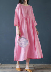 French o neck half sleeve linen outfit design pink Dress - bagstylebliss