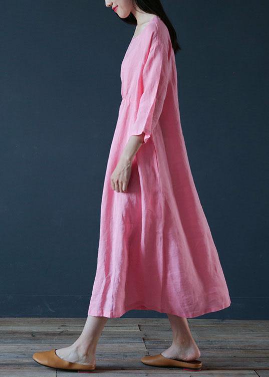 French o neck half sleeve linen outfit design pink Dress - bagstylebliss