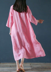 French o neck half sleeve linen outfit design pink Dress - bagstylebliss