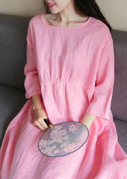 French o neck half sleeve linen outfit design pink Dress - bagstylebliss