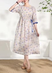 French o neck half sleeve linen summer Robes Catwalk floral Dress - bagstylebliss