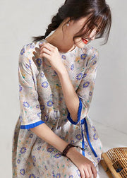 French o neck half sleeve linen summer Robes Catwalk floral Dress - bagstylebliss