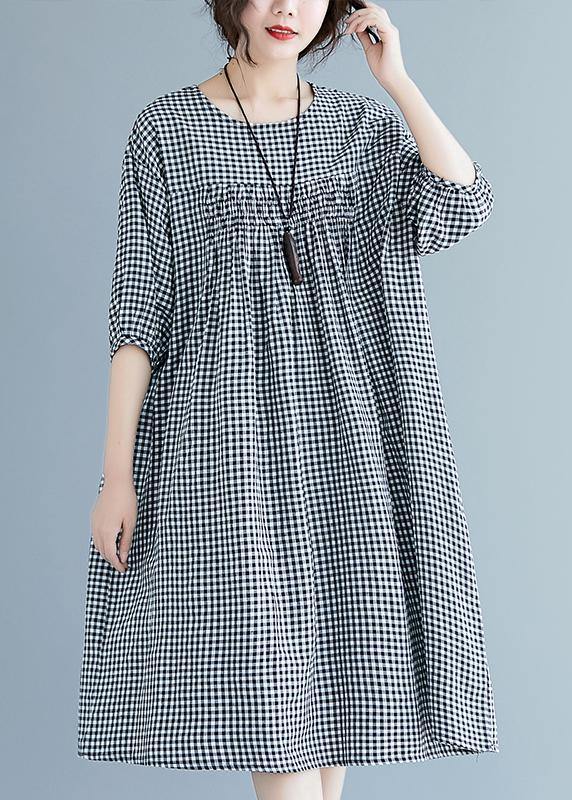French o neck lantern sleeve clothes For Women pattern black Plaid Dresses summer - bagstylebliss