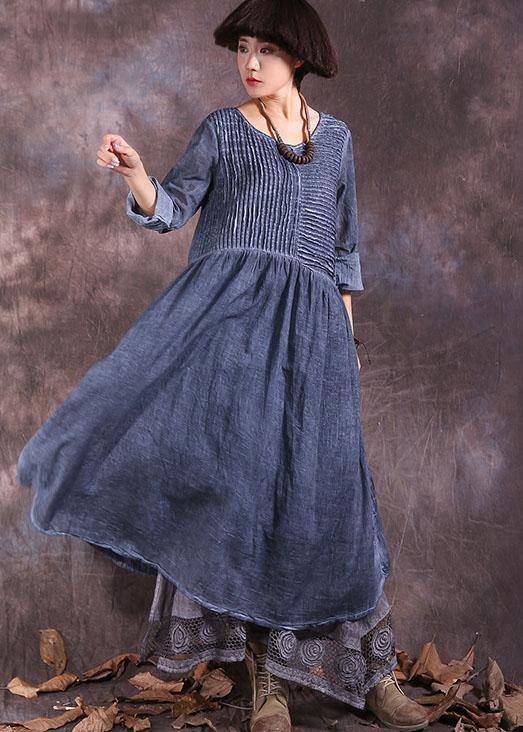 French o neck linen cotton clothes For Women Sewing blue Cinched Dresses summer - bagstylebliss