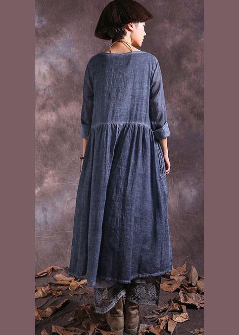 French o neck linen cotton clothes For Women Sewing blue Cinched Dresses summer - bagstylebliss