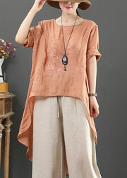 French o neck low high design cotton Blouse orange embroidery short shirt - bagstylebliss