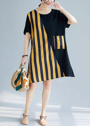 French o neck patchwork Cotton clothes Photography black yellow striped Dresses summer - bagstylebliss