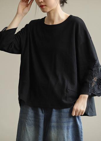 French o neck patchwork fall box top Fabrics black blouse - bagstylebliss