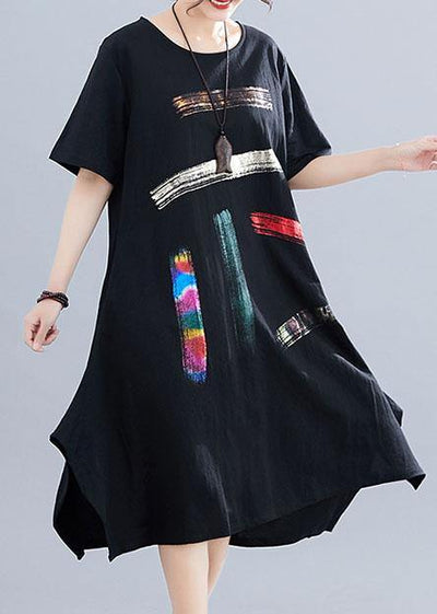 French o neck pockets Cotton clothes Women black print Dresses summer - bagstylebliss