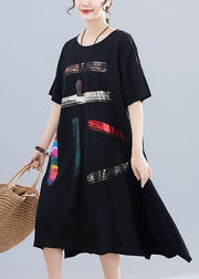 French o neck pockets Cotton clothes Women black print Dresses summer - bagstylebliss