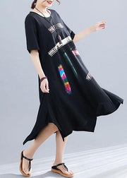 French o neck pockets Cotton clothes Women black print Dresses summer - bagstylebliss