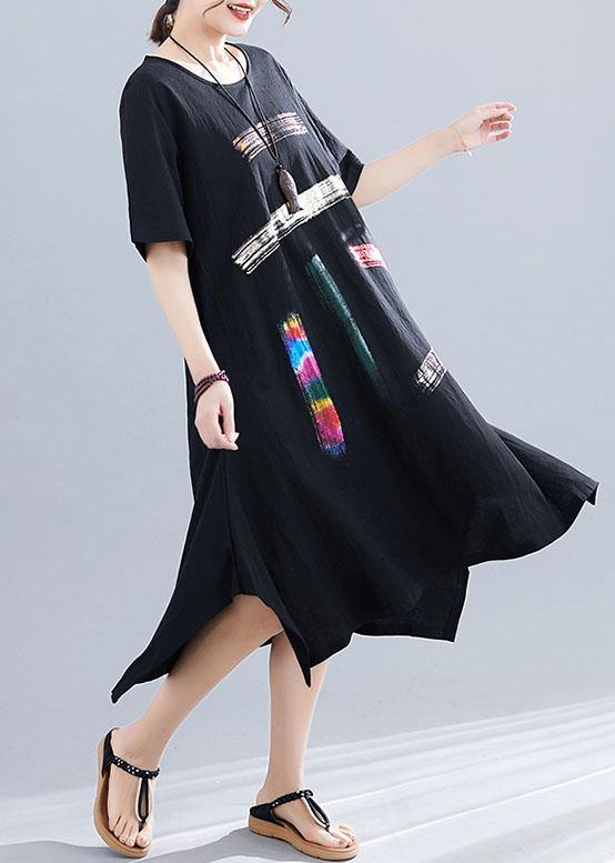 French o neck pockets Cotton clothes Women black print Dresses summer - bagstylebliss