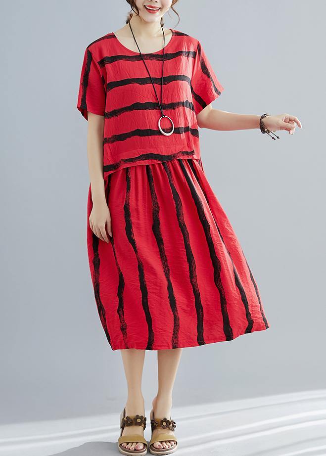 French o neck pockets Cotton dresses Boho Shape red striped shift Dresses Summer - bagstylebliss