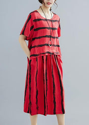 French o neck pockets Cotton dresses Boho Shape red striped shift Dresses Summer - bagstylebliss
