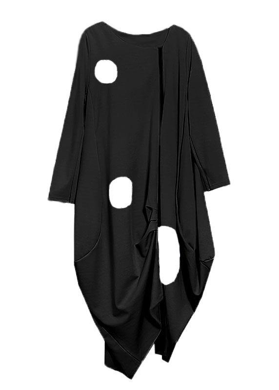 French o neck pockets cotton clothes Tunic Tops black dotted long Dress - bagstylebliss