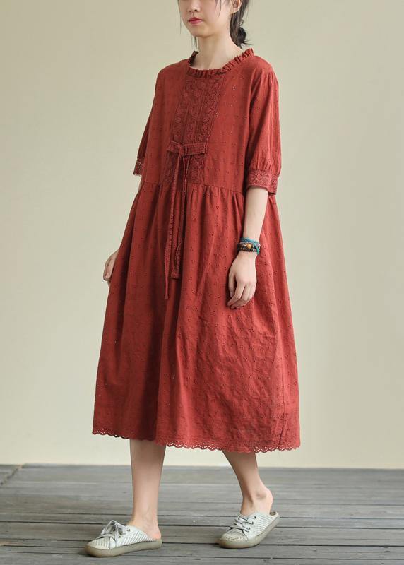 French o neck tie waist cotton summer clothes Neckline red Maxi Dresses - bagstylebliss