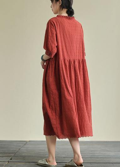 French o neck tie waist cotton summer clothes Neckline red Maxi Dresses - bagstylebliss