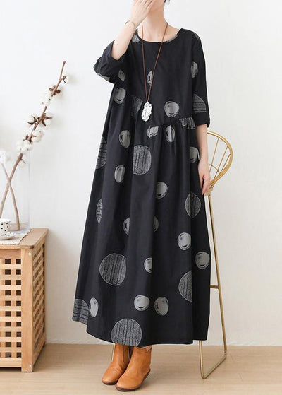 French o neck Cinched dresses Neckline black dotted Maxi Dress - bagstylebliss