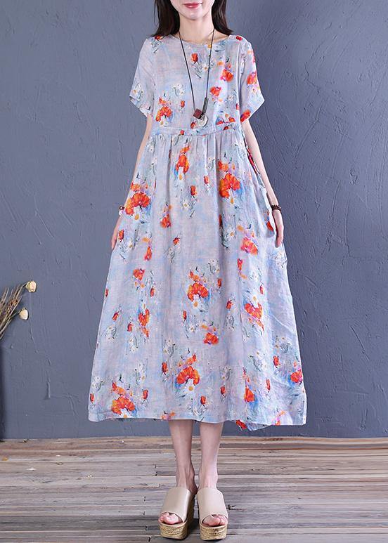 French o neck Cinched linen Robes Wardrobes blue print Dress - bagstylebliss