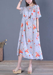 French o neck Cinched linen Robes Wardrobes blue print Dress - bagstylebliss