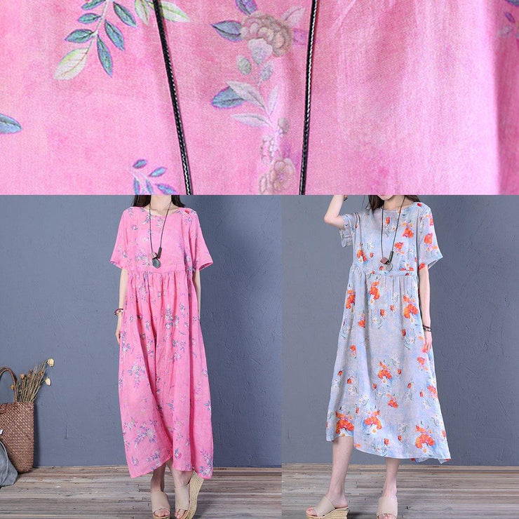 French o neck Cinched linen Robes Wardrobes blue print Dress - bagstylebliss